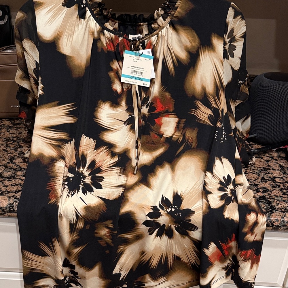 Anne Klein Black and Brown Floral Blouse